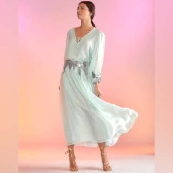 Cynthia Rowley Mint Green/Blue Silk Peasant Skirt  (ONLY) w/ Sequins Sz 2, NWT - Picture 8 of 8